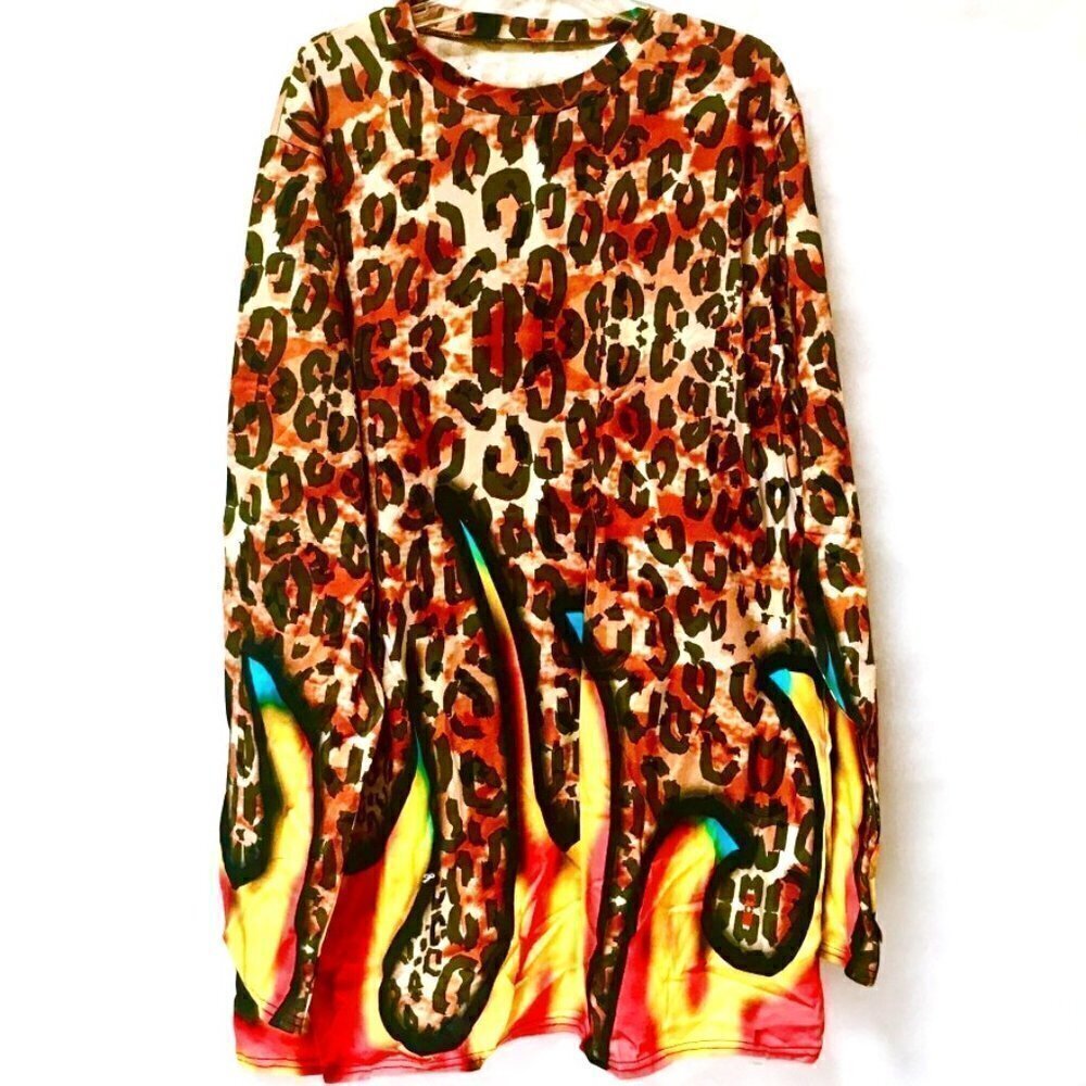 Leopard Skin Print Tee T-Shirt  Flames 100% COTTON long sleeve Shirt 2xl Biker